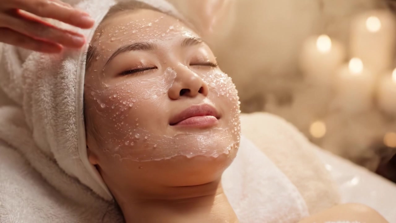 Afslapning og foryngelse: En kvinde forkæler sig selv med en spa-ansigtsbehandling med rensende masker og blød belysning for en fornyet, strålende hud.