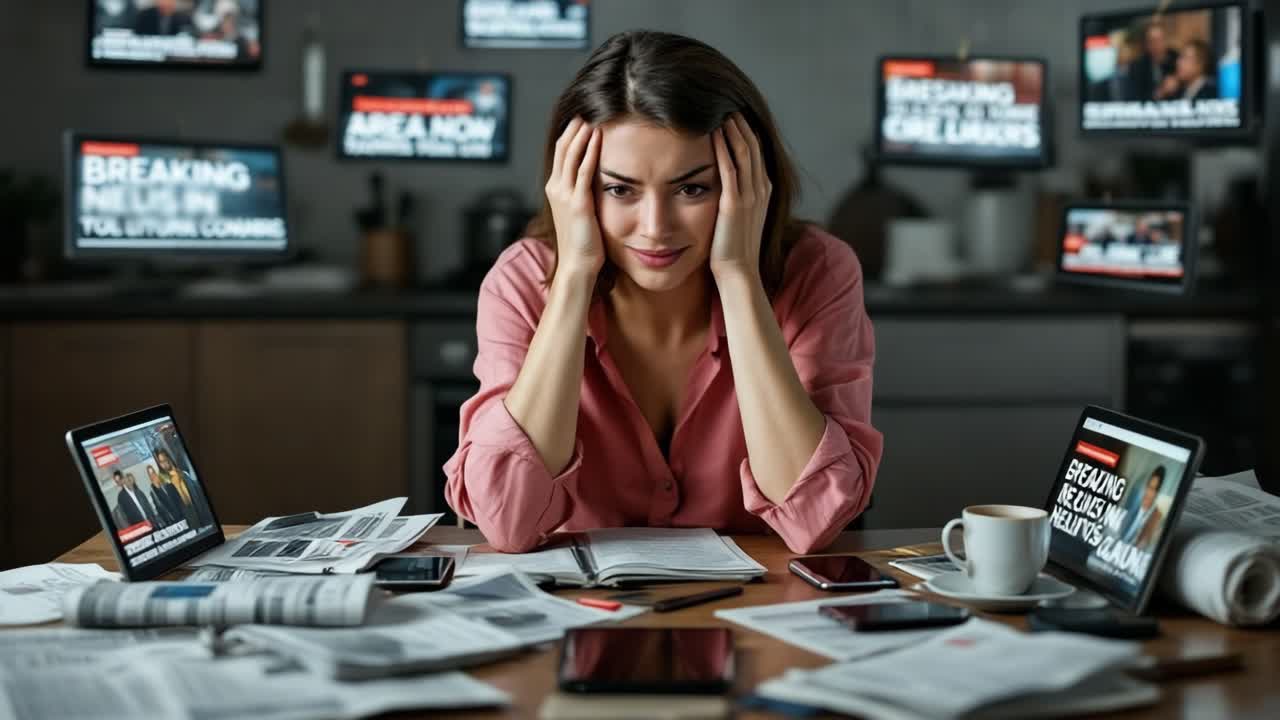 Woman Overwhelmed by Global News and Information Overload