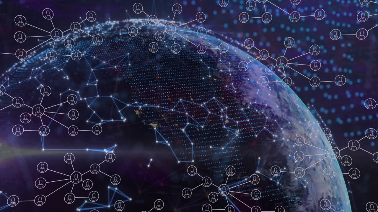 Animation of network of connections and profile icons floating against spinning globe