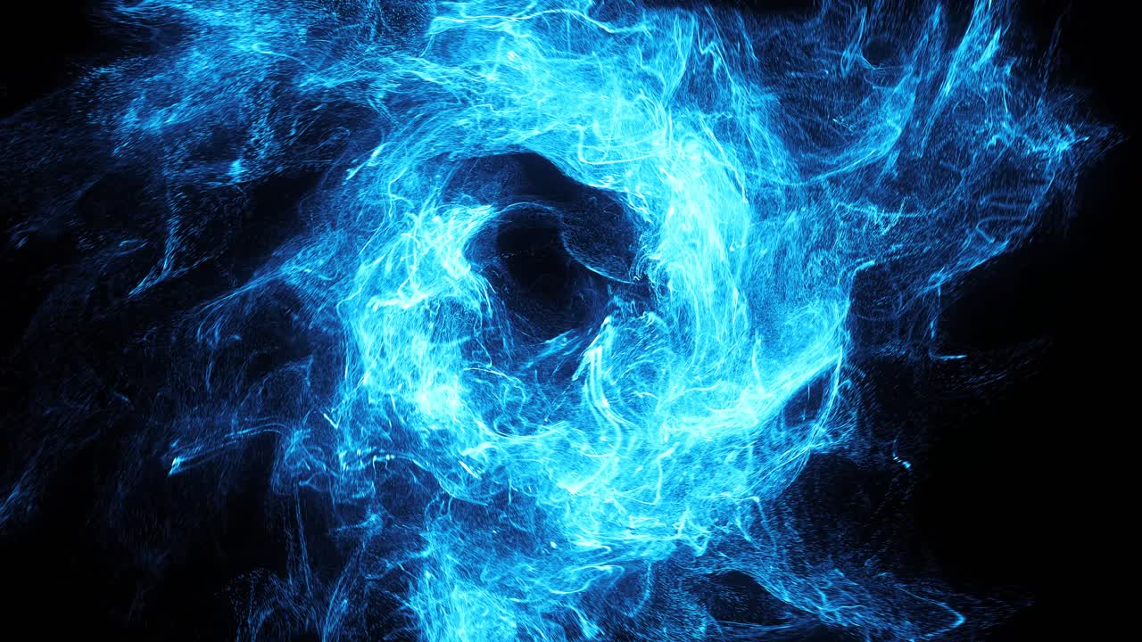 Particelle di energia blu astratte e vorticose su sfondo nero