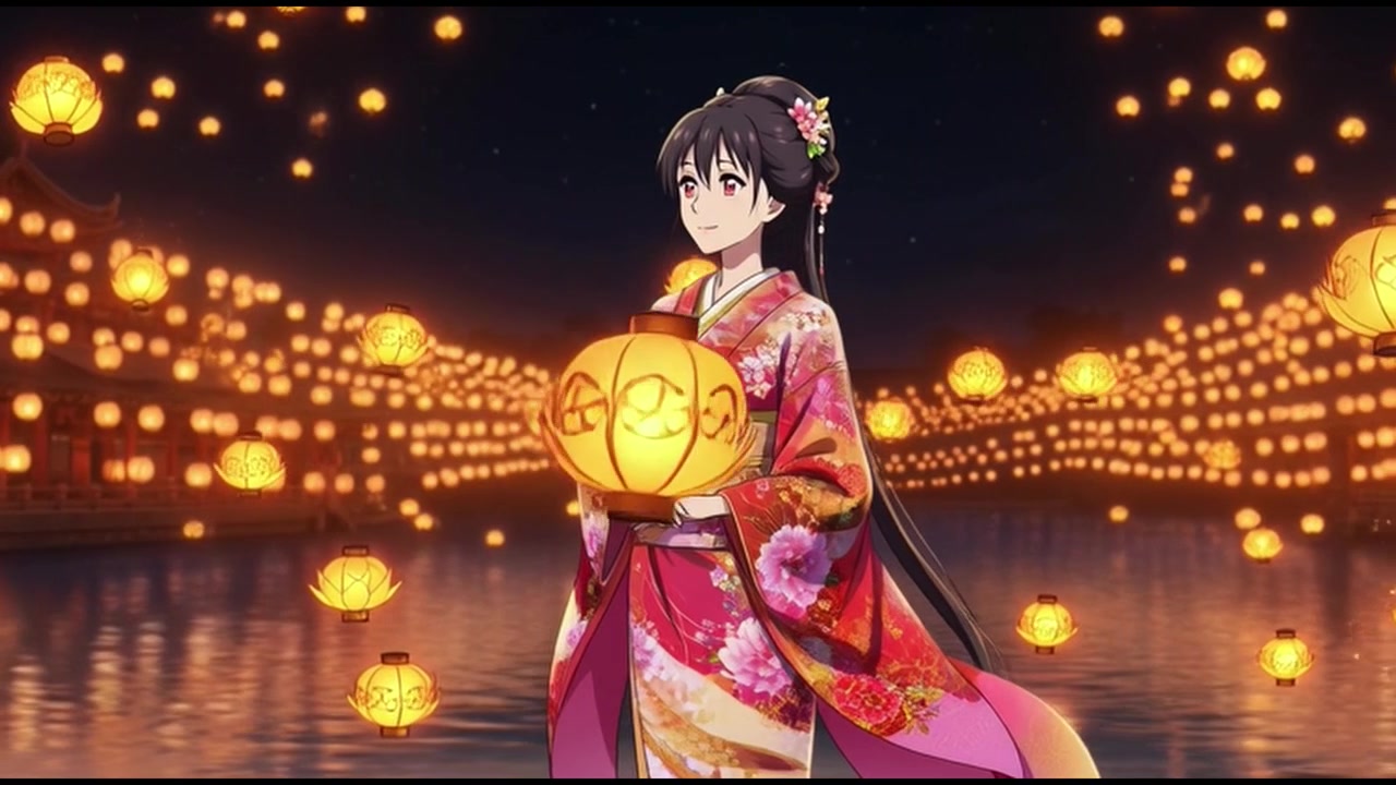 Giovane donna in kimono tradizionale in piedi tra lanterne galleggianti di notte.