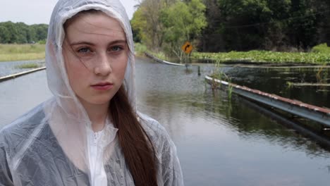 female in flooded bridge, still medium shot