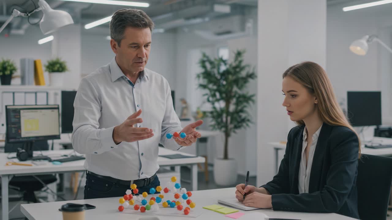 A professional interaction in a modern office setting, showcasing a discussion about scientific concepts between a male presenter and a female note-taker, enhancing teamwork and collaboration
