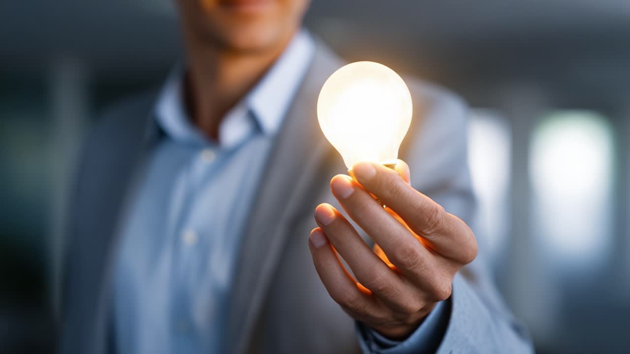 A person holding a glowing light bulb, symbolizing innovation, creativity, and bright ideas in a professional and inspiring environment