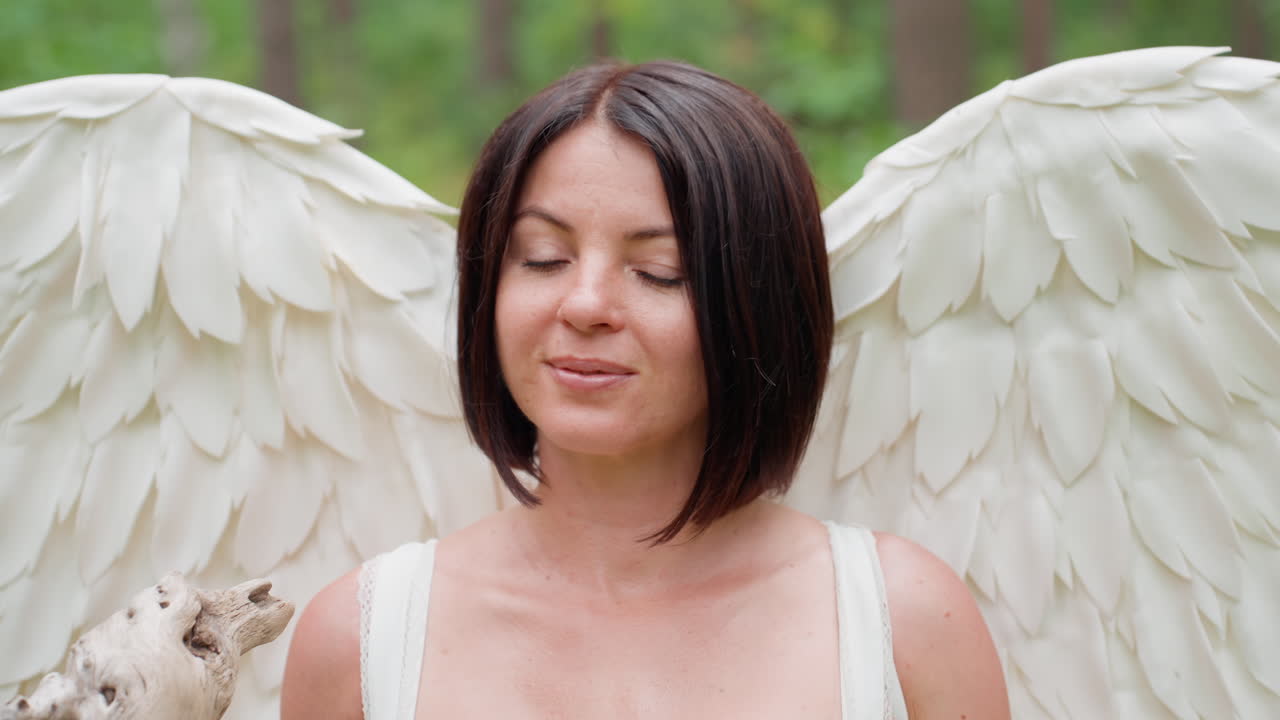 Close up of actress dressed as forest fairy with soft white wings and calm smile, standing in woodland and admiring nature, capturing essence of serenity, imagination