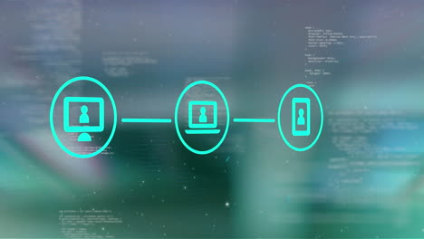 Animation of network of connections with icons over data processing on violet and green background