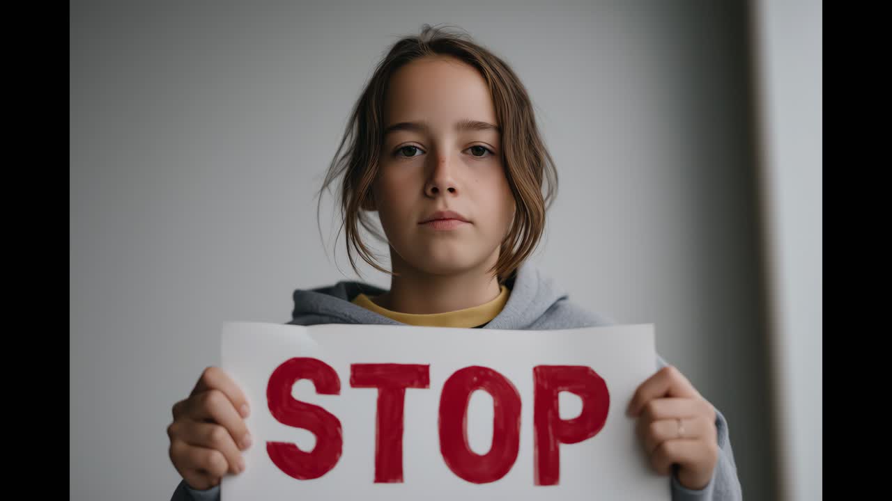 Young Girl Holding 'STOP' Sign and Speaking to Camera