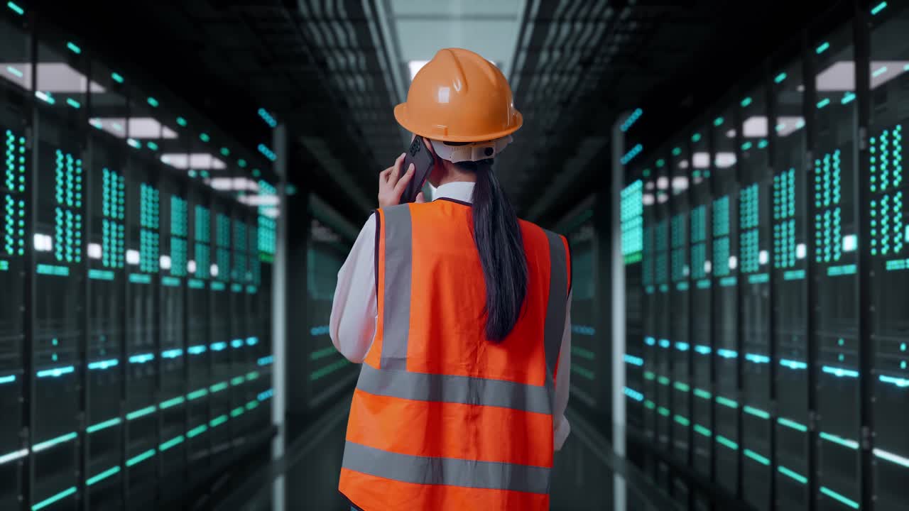 Vista da dietro di un'ingegnere asiatica con casco di protezione che parla al cellulare mentre si trova in piedi in una sala server di un data center.