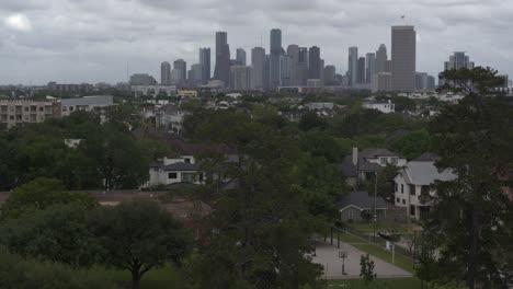 drone view of downtown houston from memorial park