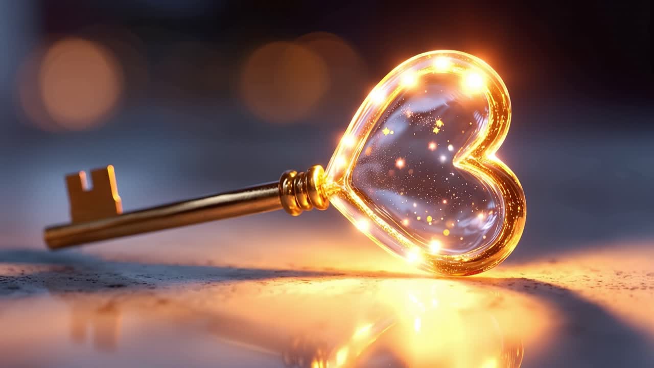 Heart-shaped key glows warmly in soft light. Golden shaft reflects softly on cool surface. Bokeh background adds dreamy, romantic atmosphere. Ideal for love, unlocking. No people, no animals