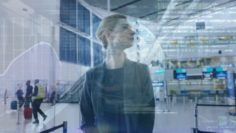 animación del procesamiento de datos y el mundo sobre diversas personas de negocios en el aeropuerto