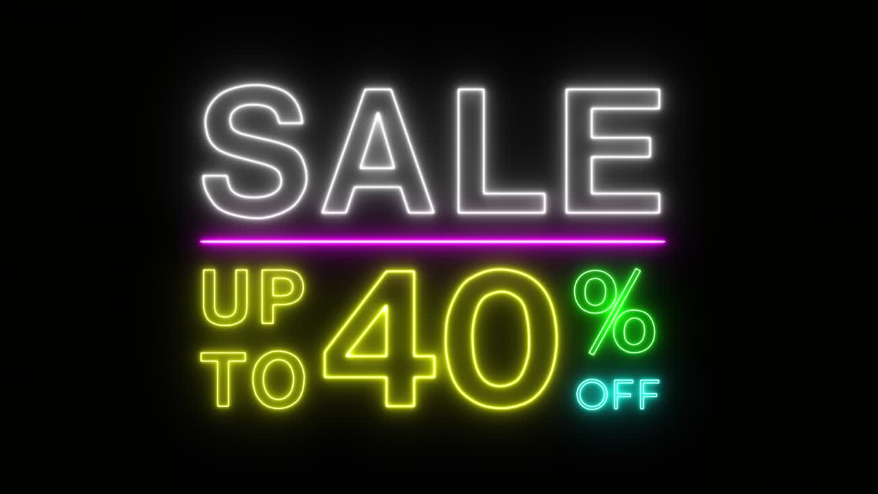 parpadeo de venta hasta un porcentaje de descuento colorido neón llama señal de movimiento pancarta en fondo negro para promover el video. concepto de promoción serie de venta de marca 10-90%
