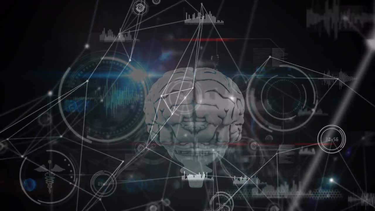 Animation of network of connections over data processing on black background