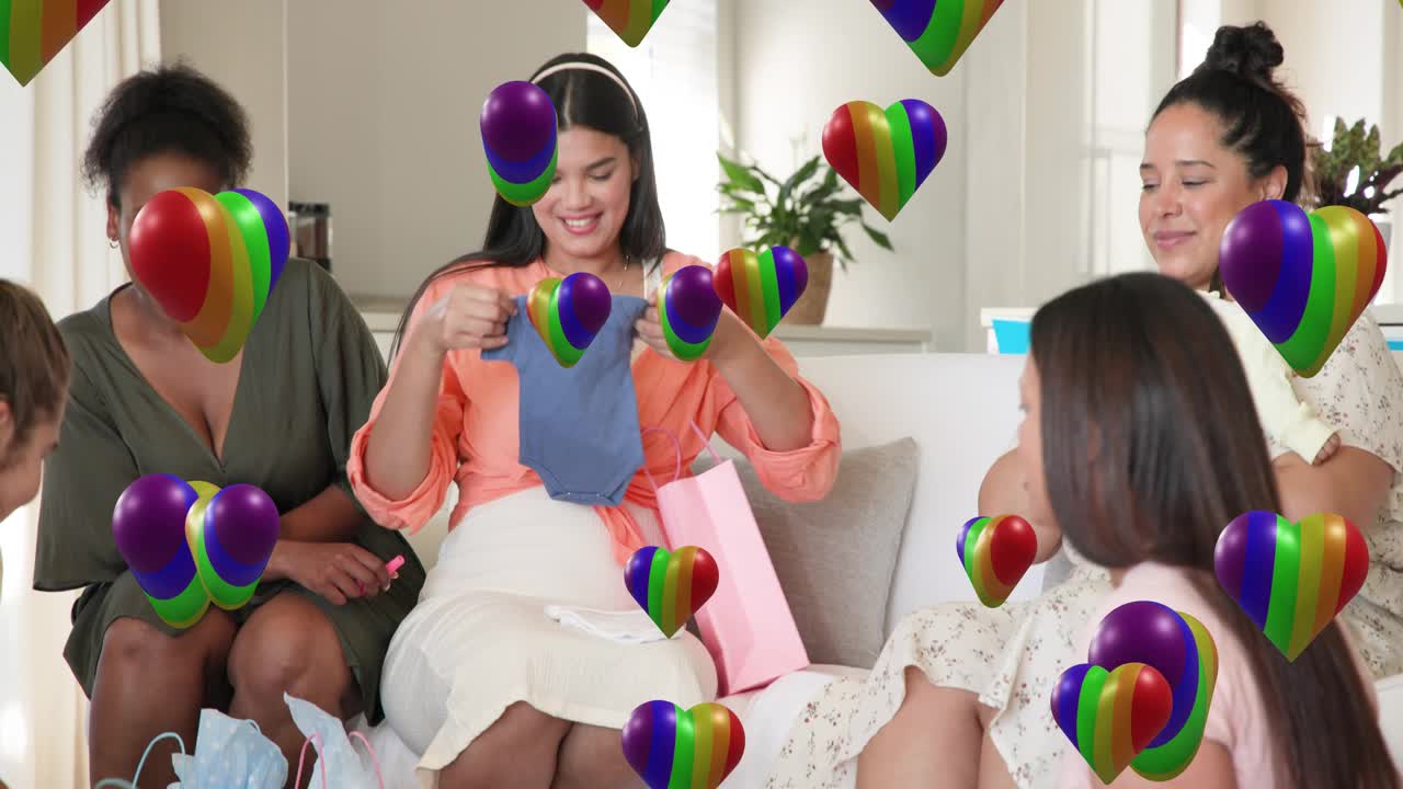 Child offering gift, mother opening, holding blue onesie for baby shower, hearts floating over