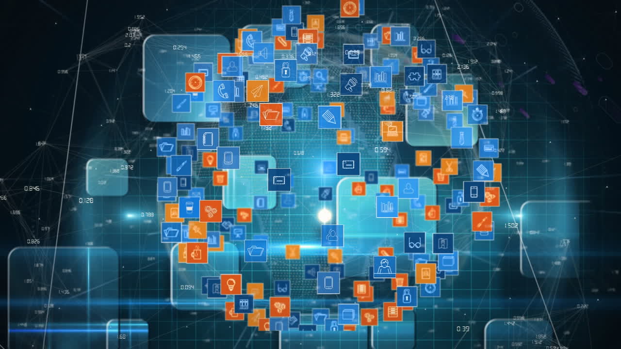 globo de iconos digitales girando y escáner redondo contra el diseño de forma cuadrada sobre fondo azul