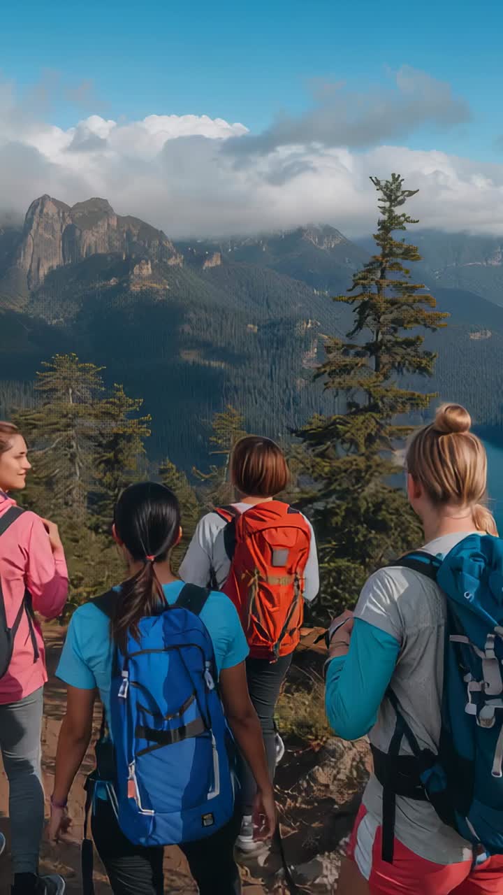 Vertical video: Hiking to ridge, four hikers with packs in activewear to overlook, viewing lake
