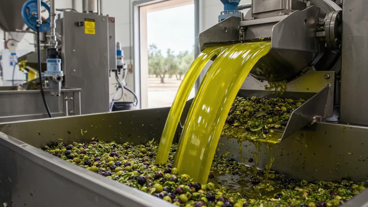 An Inside Look at Modern Olive Oil Extraction: Witnessing the Flow of Fresh Olive Oil from the Pressing Machine in an Olive Oil Production Facility