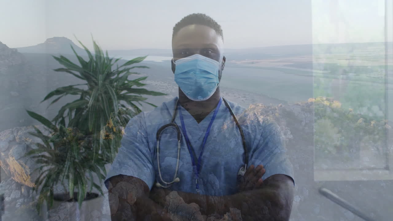 Wearing scrubs and mask, healthcare professional with animation in mountain landscape