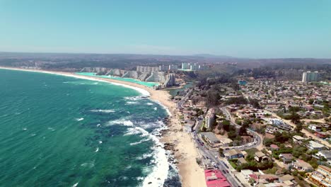 Panoramic-aerial-view-of-Algarrobo-and-the-largest-beach-in-the-world,-San-Alfonso-artificial-lagoon,-Chile