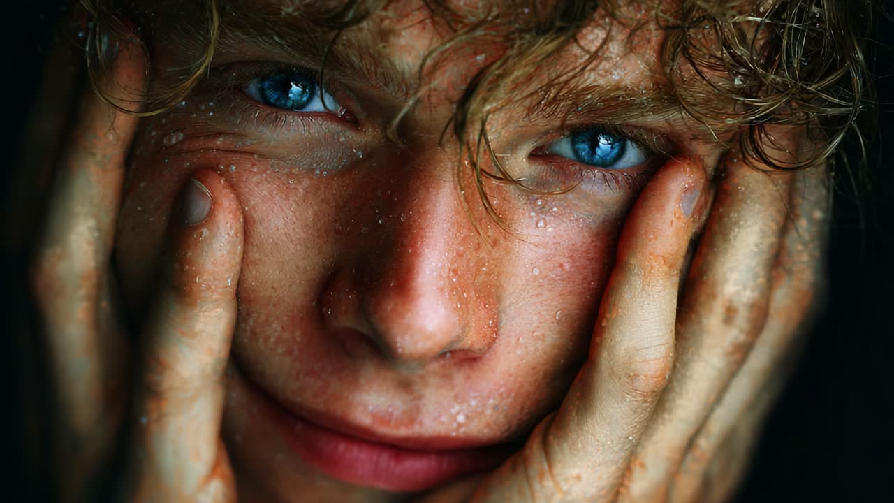 A Moment of Reflection: An Intense Close-Up of a Young Person's Face, Highlighting Expressive Blue Eyes, Wet Skin, and a Pensive Expression Captured in Dramatic Lighting