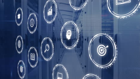 animación de la red de iconos digitales y servidores informáticos