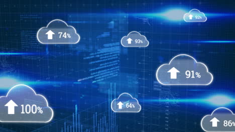 Animation of cloud icons and data processing over dark background