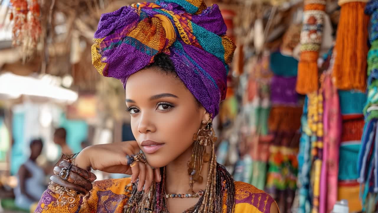 Captivating Portrait of a Young Woman Adorned in Vibrant Traditional Attire Surrounded by Colorful Textiles and Accessories Reflecting Cultural Heritage