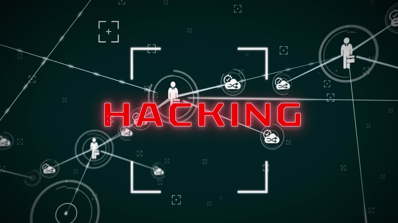 Animation of hacking text in viewfinder and connected setting and business person icons