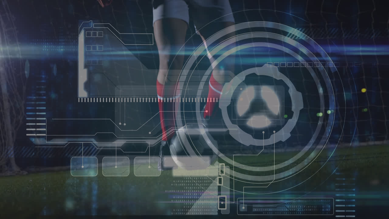 animación del procesamiento de datos sobre un jugador de fútbol caucásico