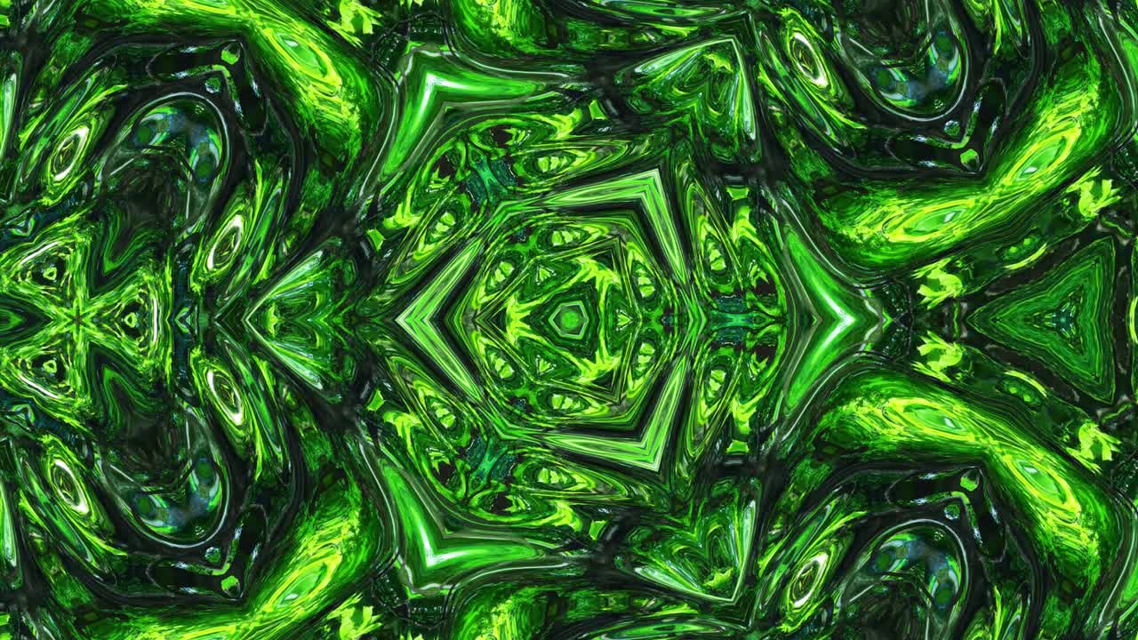 patrón simétrico verde líquido como el caleidoscopio con ondas. 3d elegante bucle abstracto bg, estructura ondulada de vidrio líquido brillante con hermosos colores de gradiente. 4k
