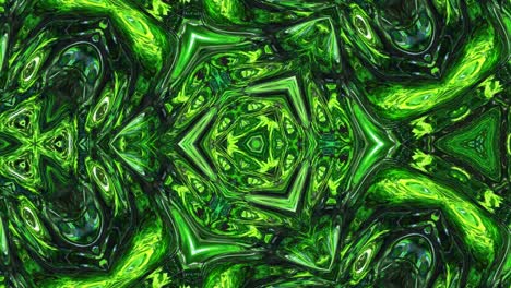 liquid green symmetrical pattern like kaleidoscope with waves. 3d stylish looped abstract bg, wavy structure of brilliant liquid glass with beautiful gradient colors. 4k