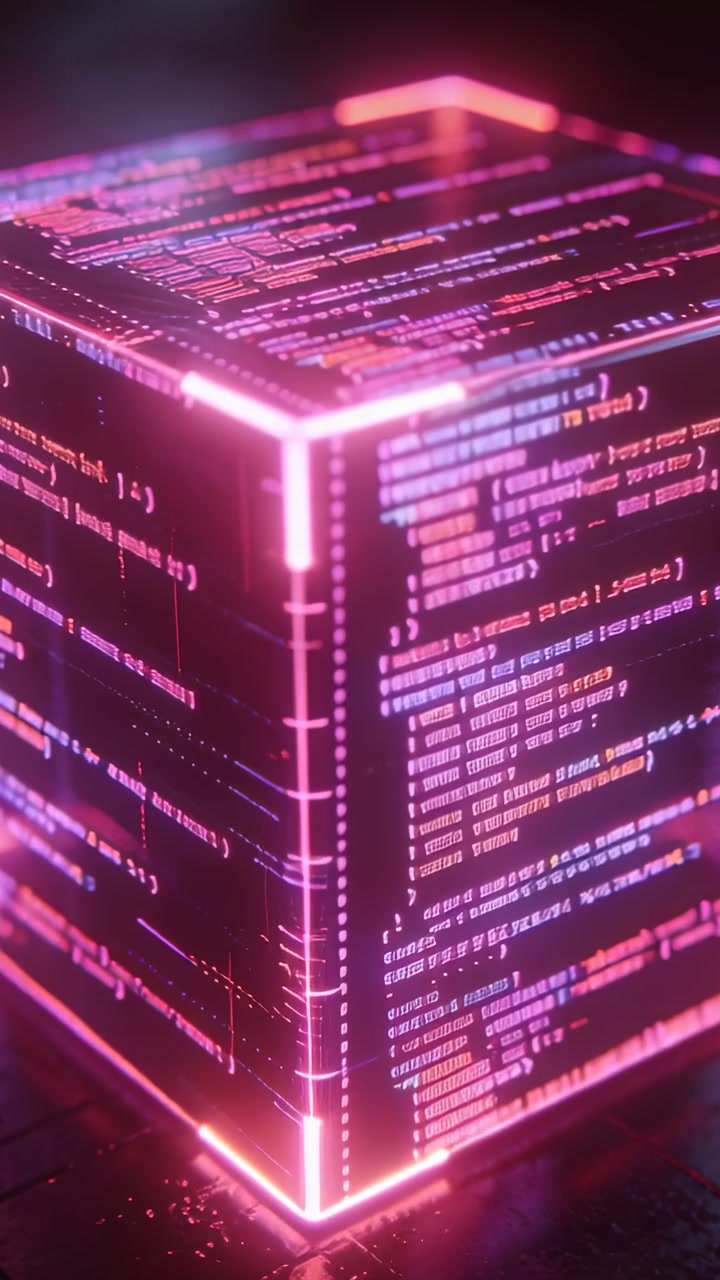 Vertical video: Loop starting neon code cube rotating on glossy tile floor showing code and edges