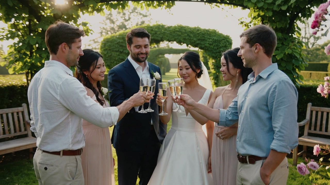 Clinking wedding party raising flutes in garden vine arch after groom speaking toast, bride veiled