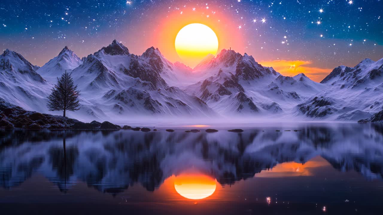 A mountain range with a large red sun in the sky. The sun is reflecting off the water, creating a beautiful and serene scene