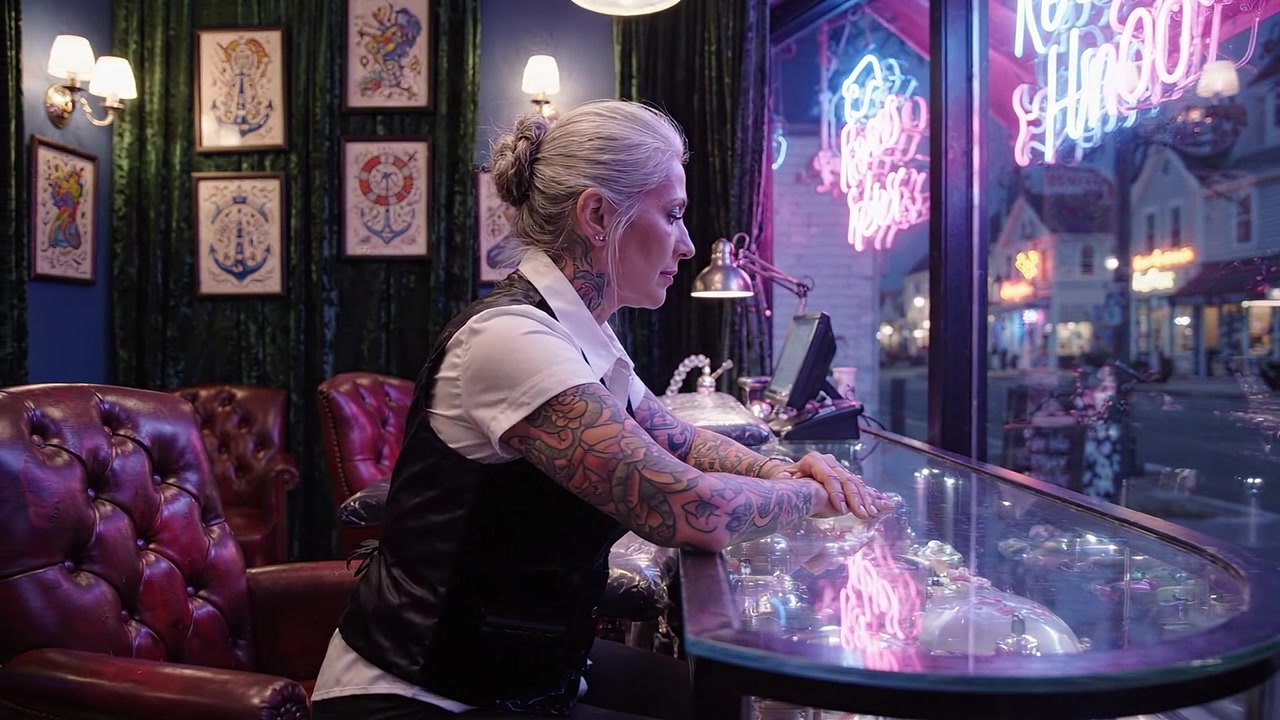 Un artista tatuato in uno studio vivace, illuminato al neon, riflette su creatività ed espressione, circondato da opere d'arte intricate e un arredamento elegante, evocando un senso di ispirazione.