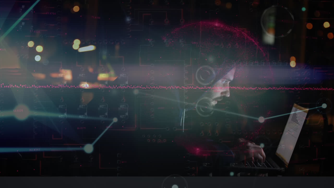 animación del procesamiento de datos sobre un hombre caucásico usando una computadora portátil