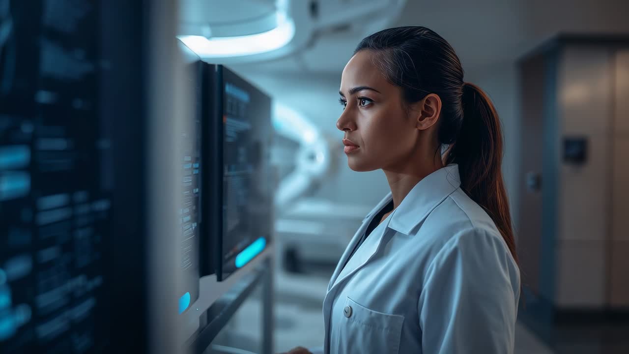 Responding to monitor alerts, lab coat clinician leaning and using console at imaging, copy space