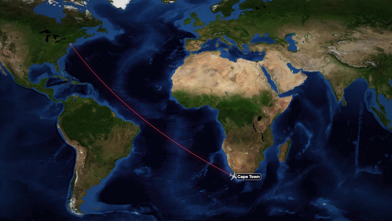 Satellite world map animation follows an airplane traveling from New York to Cape Town