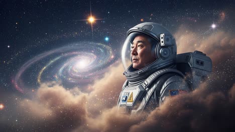 an astronaut gazes into the infinite cosmos, captivated by the brightness of distant galaxies and the mysterious beauty of outer space