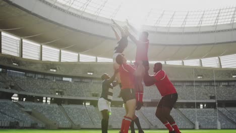 Animation-of-camera-taking-pictures-over-two-multi-ethnic-rugby-teams-playing-rugby