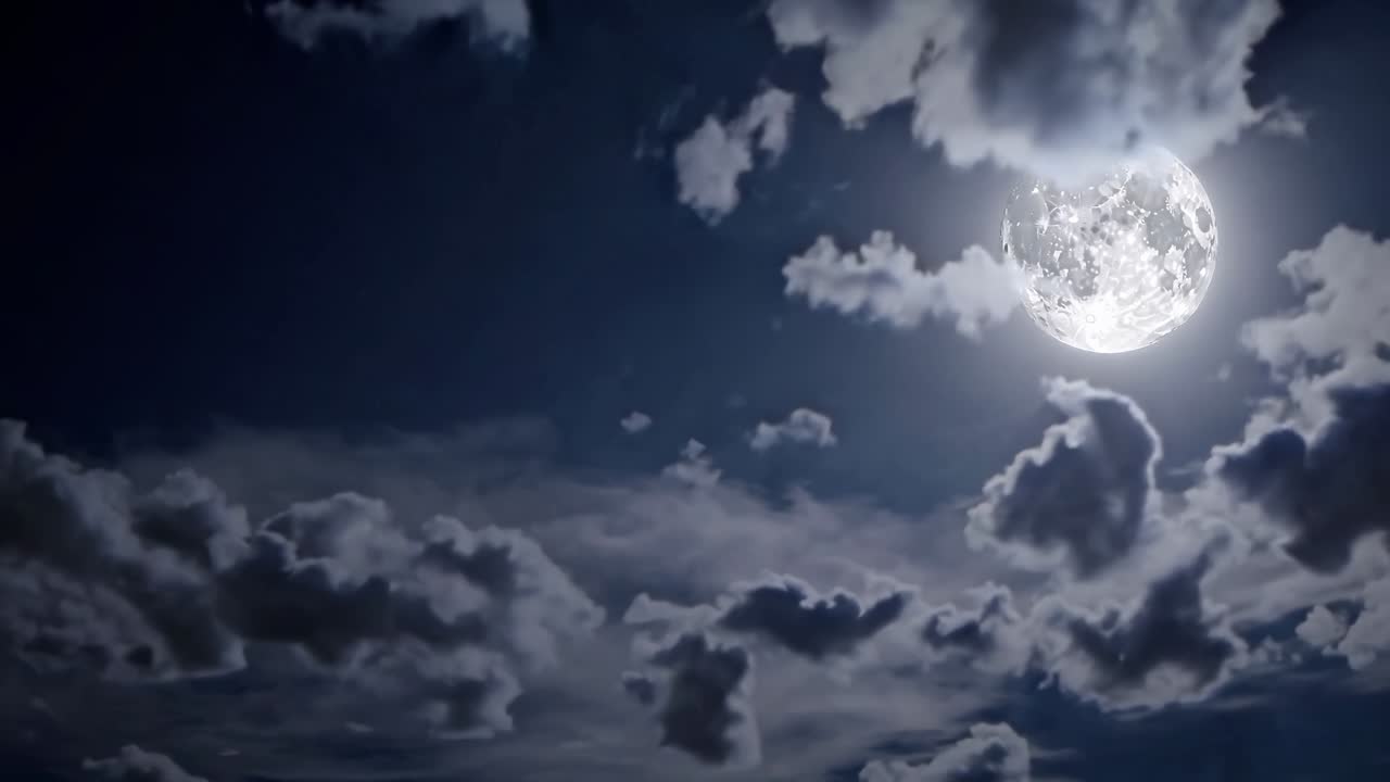 A cinematic video scene of a full moon illuminating a cloudy night sky, captured from a low-angle