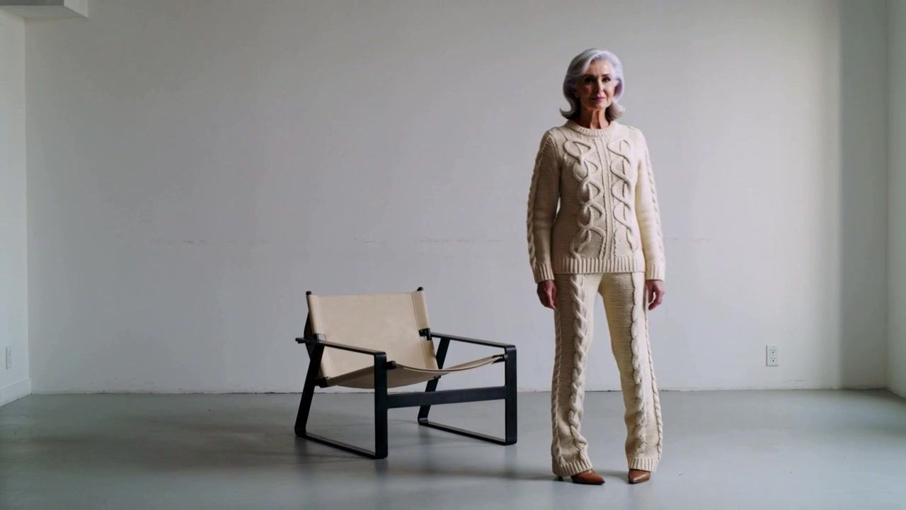 Stepping senior woman in cream knit walking toward camera in studio, posing with lounge chair left