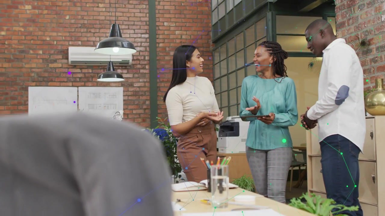 Biz team viewing tablet, center person tapping causing overlay moving and fading, reviewing ads