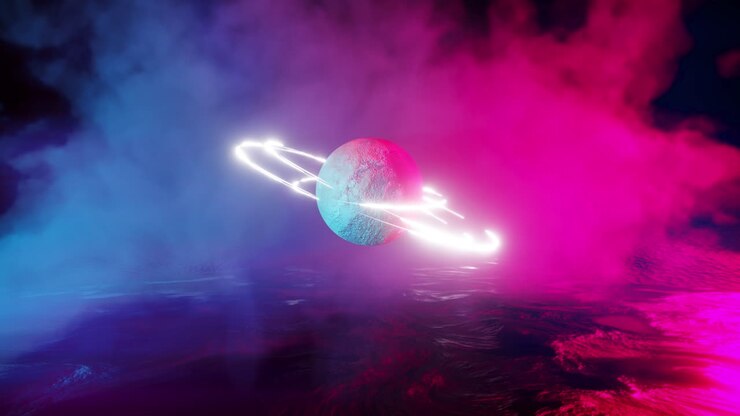 3D render animation. Sci-fi background with a planet with glowing ring. Science fiction concept.