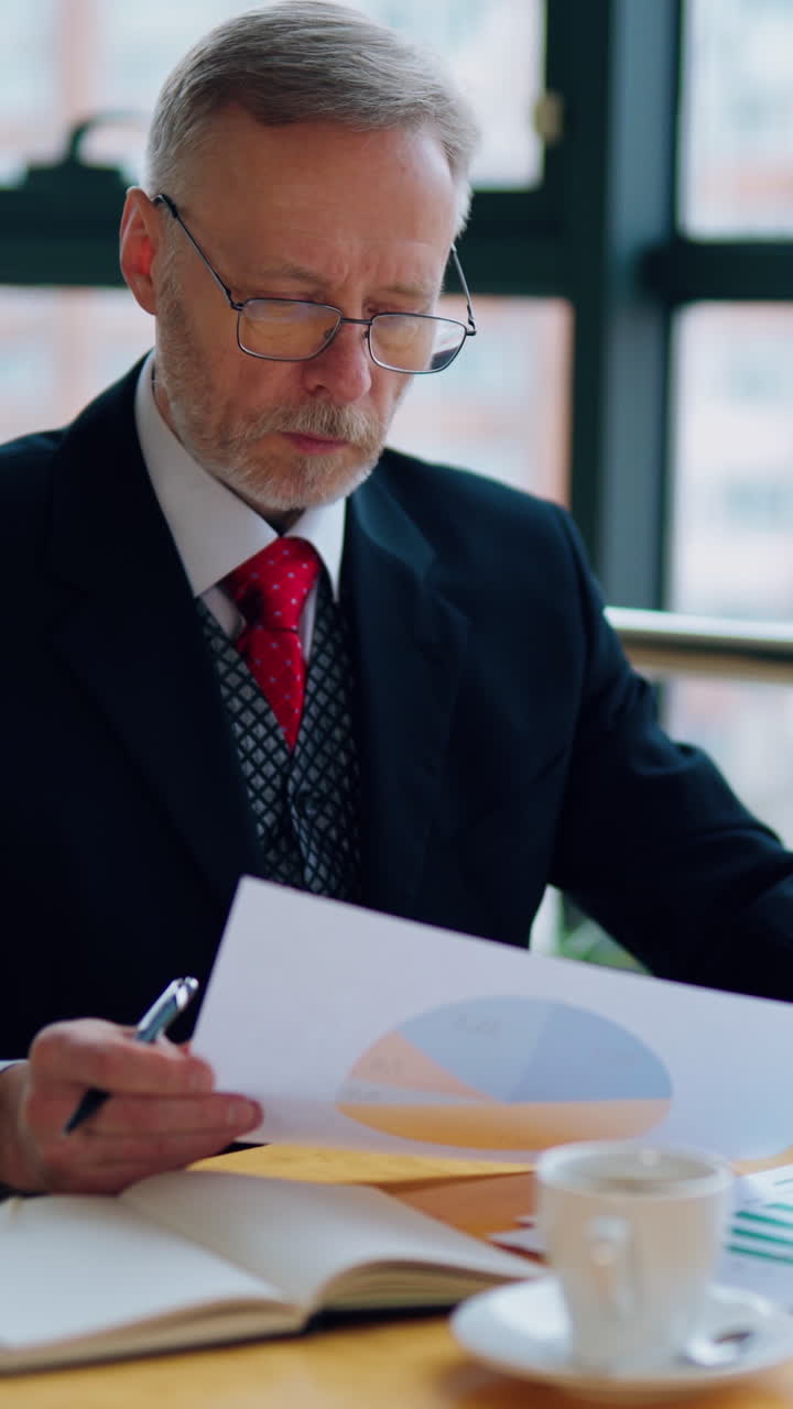 Thoughtful businessman is reading important business papers, video in front of the window with city view. Video of business process. Vertical video