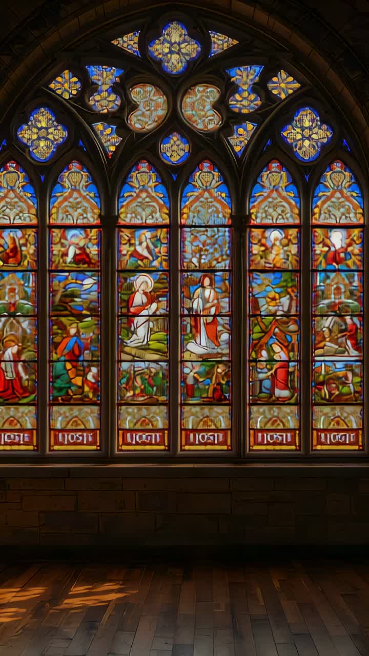 Vertical video: Tilting cam from low angle to reveal chapel stained glass tracery and robed figures