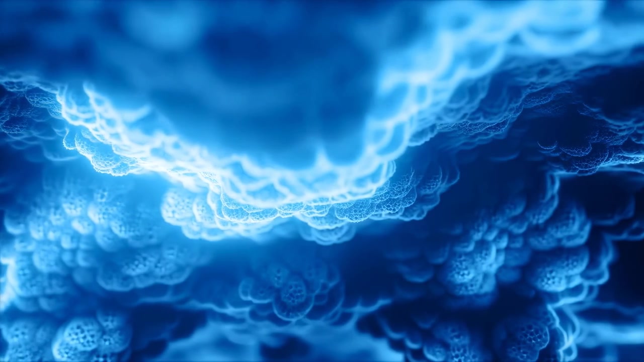 Abstract close-up of a glowing blue organic surface with layered cellular shapes, soft light, and a bright illuminated area on the left against a dark