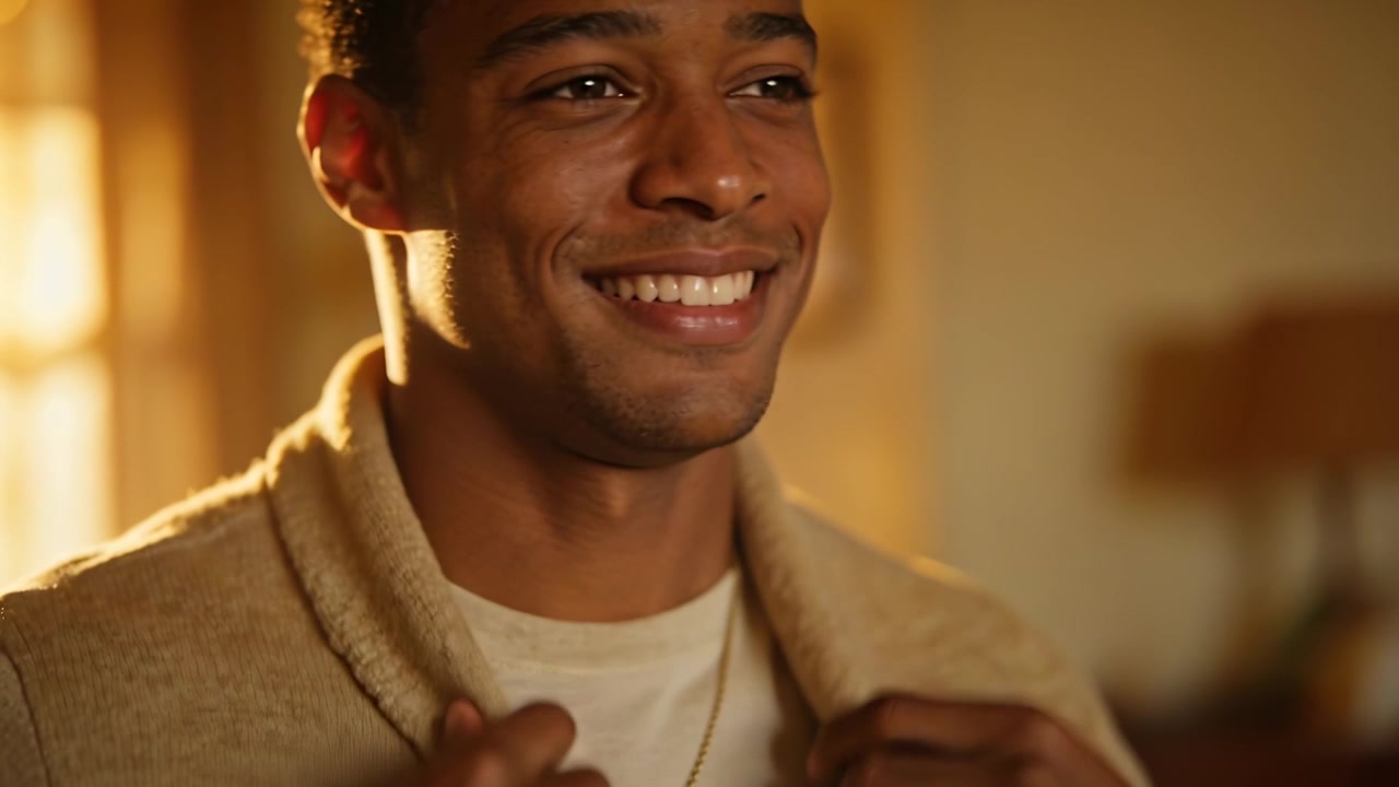 Smiling man reacting to off-camera prompt, raising hands, adjusting beige cardigan at home