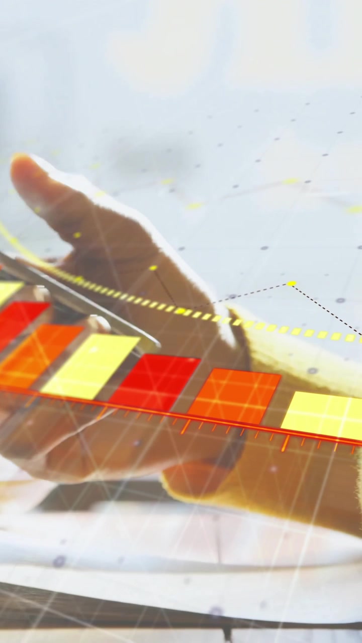 Animation of red and yellow diagram over woman using smartphone
