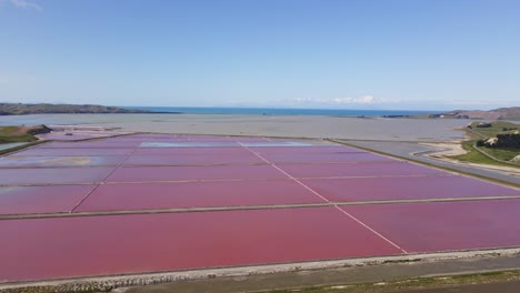 Leuchtend-Rosa-Salinen-Teiche-Mit-Ozean-Im-Hintergrund